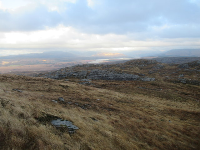 Looking north-east off rocky spur above Lochan Sligneach in Moidart