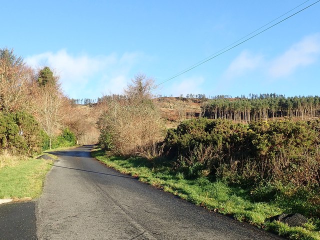 Approaching a side entrance to the Slieve Gullion Forest Park along Forest Road