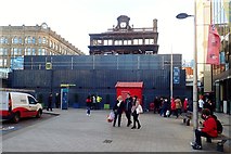 J3374 : Shipping container barrier at the front of the burnt out Primark building by Eric Jones