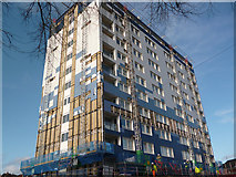 ST2987 : Hillview flats being re-clad, Gaer, Newport by Robin Drayton