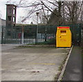 Yellow bin outside Rhymney Fire Station 