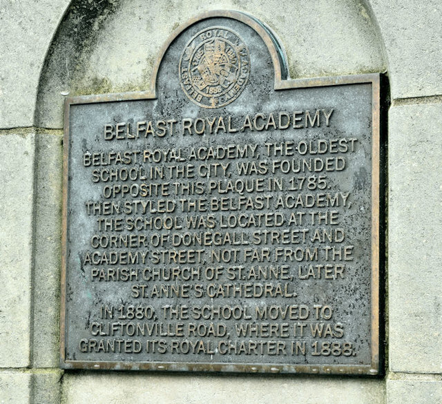Belfast Royal Academy plaque, St Anne's Cathedral, Belfast (December 2018)