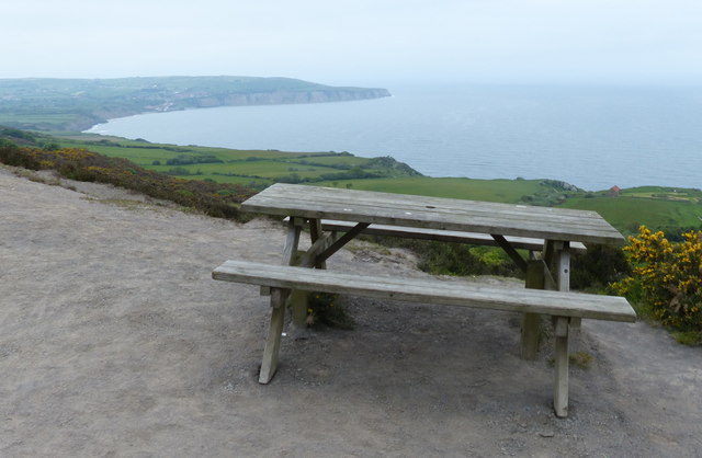 Picnic bench and a view of Robin Hood's Bay