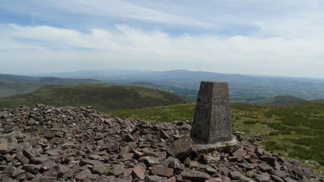 Trig point on Temple Hill with view towards Knockmealdown Mountains