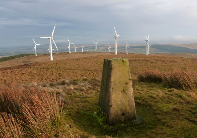 Trig pillar and wind turbines on Common Hill