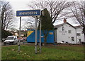 ST2687 : Rhiwderin boundary sign near the Friendly Fox by Jaggery