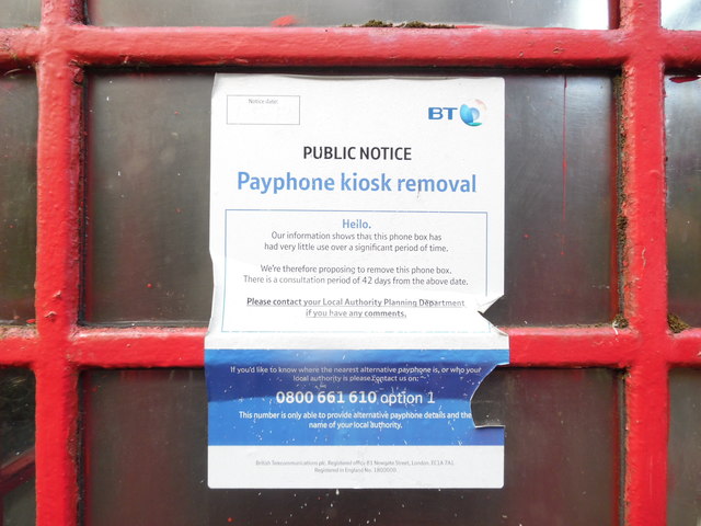 BT Notice on a red K6 Telephone Box at The Fence