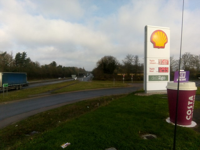 Looking north up the A12, at Birchwood service station