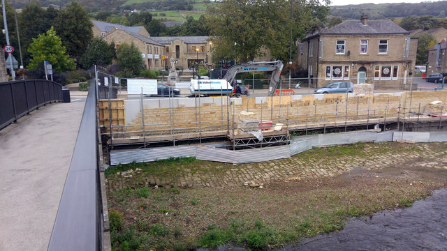Construction of flood defence wall at Bridge End, Burnley Road, Mytholmroyd