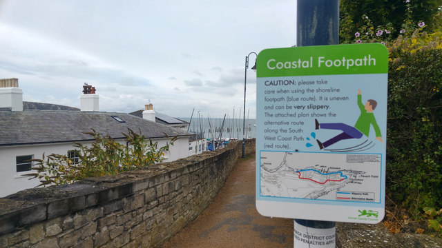 Warning sign on coast path towards Peveril Point, Swanage