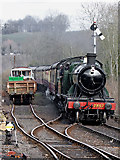 SO7483 : Train arriving at Highley Station in Shropshire by Roger  D Kidd