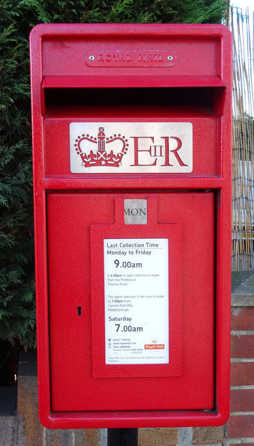 Close up, Elizabeth II postbox on Sandsend Road, Redcar