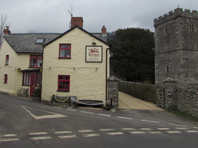 Village pub and church tower, Llanbedr, Powys