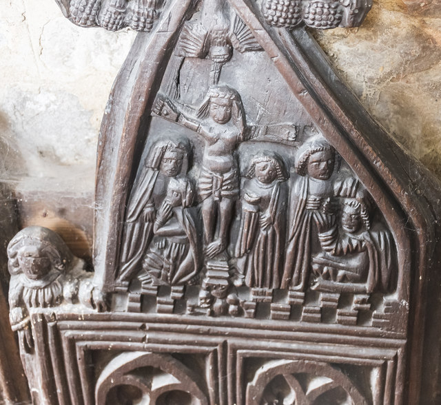 Carved bench end, Ss Peter & Paul church, Osbournby