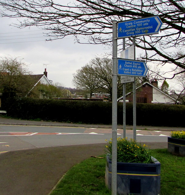 Blue direction and distance signs on a Bassaleg corner