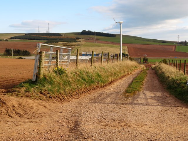 Wind turbine by access lane to Collieston farm