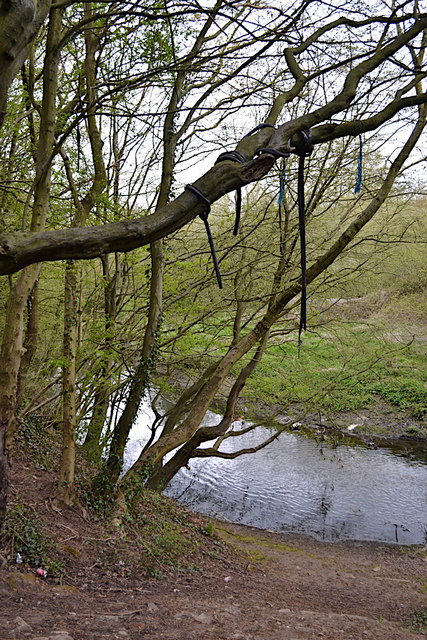 Steep drop to the River Sowe near the railway viaduct, Willenhall, southeast Coventry