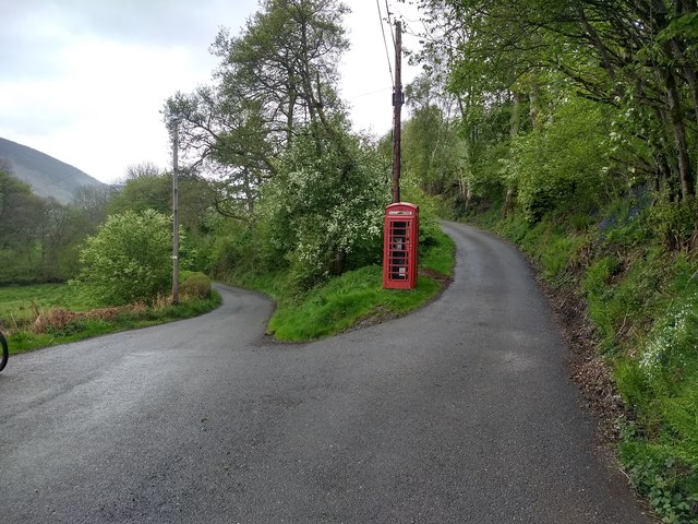 Junction and phone box in Cwm Pennant