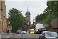 View of the spire of a building in Waterman