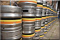 View along stacks of beer barrels at the rear of the Southey Brewery