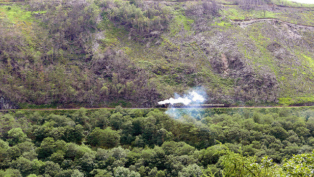 A Vale of Rheidol train viewed across the valley