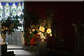 View of flowers lit by a floodlight in Strawberry Hill House