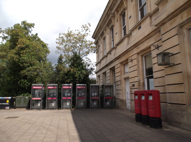 Phone boxes and postboxes outside the old Post Office