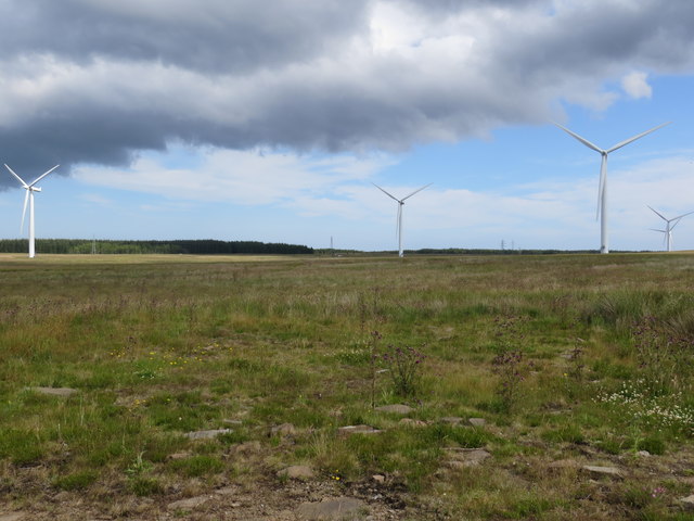 Across the moor to some of the wind turbines