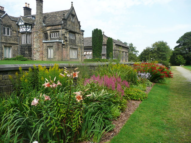 The garden front and herbaceous border, Smithills Hall, Bolton
