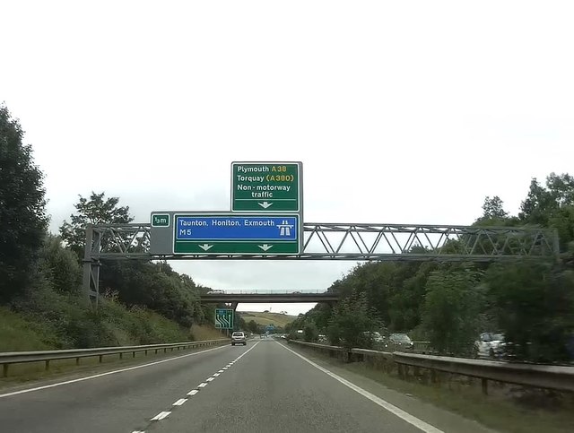 1/3 mile to the A30 divides to the M5 and A38