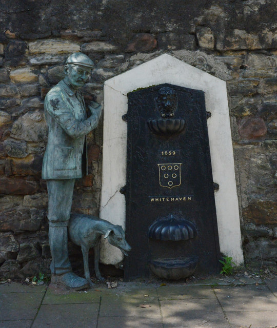 A statue and a nineteenth century drinking fountain, Lowther Street, Whitehaven