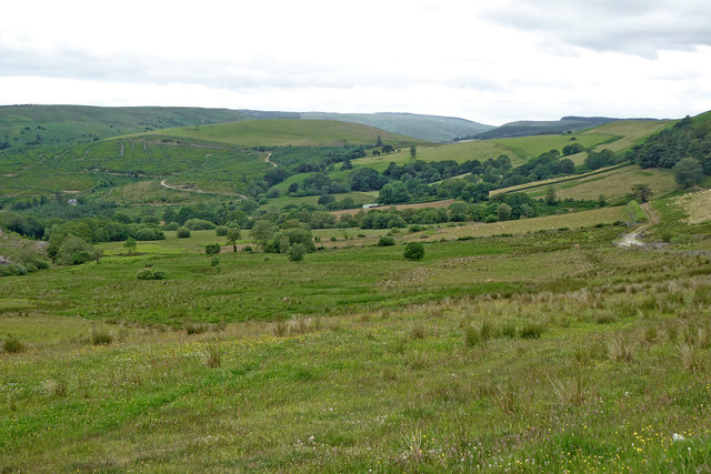 Farmland and forest north-east of Abergwesyn in Powys