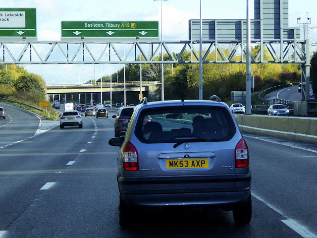 Sign Gantry over the Eastbound A13 near Lakeside