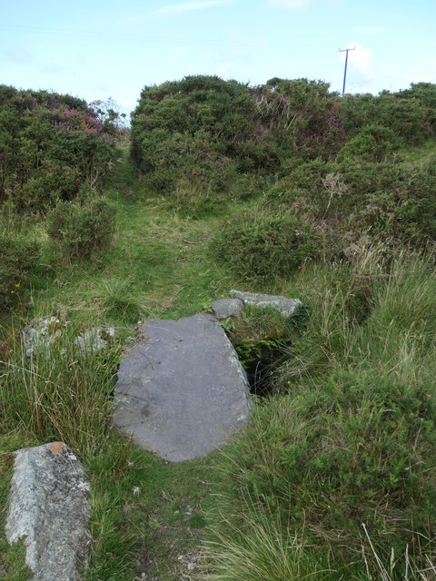 Small slate clapper bridge in moorland near Dafarn Dywarch