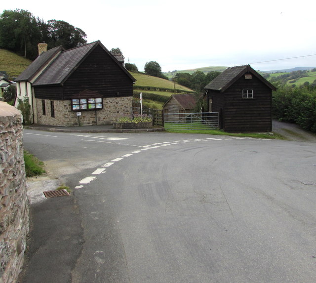 Buildings near a junction at a bend in the B4356 in Llanbister