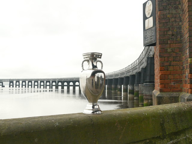 The UEFA Cup on display at the Tay Railway Bridge