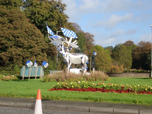 Warrenpoint GAA bunting decorating the Irish elk sculpture at the Burren Roundabout on the A2