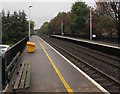 Bench and yellow salt/grit box on Cwmbran station platform 2