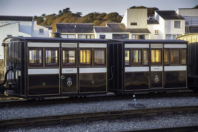 Carriages 2 and 5 of the Ffestiniog Railway at Harbour Station