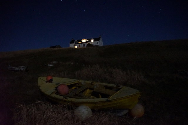 Boat and house at Ham, Foula, by moonlight