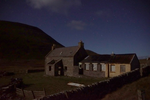 The old schoolhouse at Ham, Foula, by moonlight