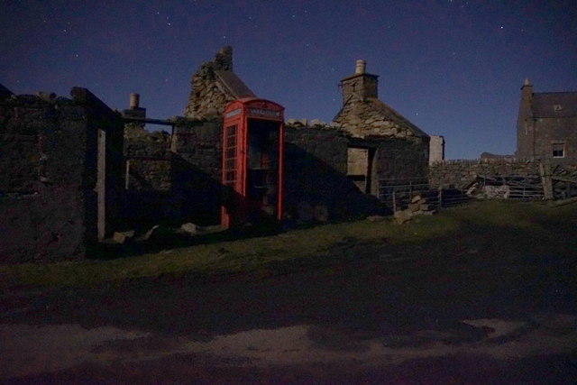 The old phonebox at Ham, Foula, by moonlight
