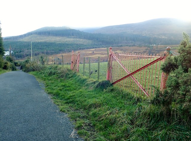 Belfast & District Water Commissioners' red gates on the slopes of Curraghard