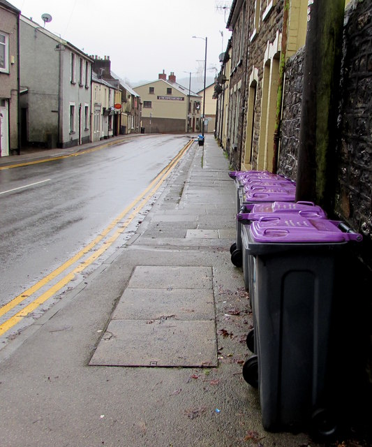 Purple lidded wheelie bins, Station Street, Abersychan