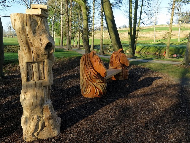 Carved sculpture & bench, Close House Golf Course