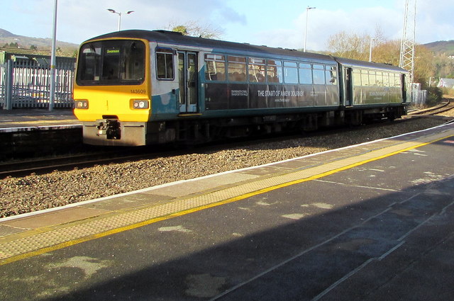 Swansea train leaving Neath station platform 1
