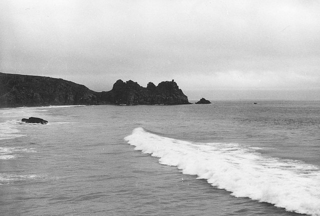 Porthcurno Bay, looking towards the Logan Rock, 1949