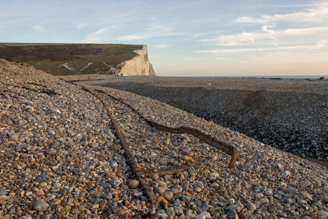 Recently exposed railway track at Cuckmere Haven