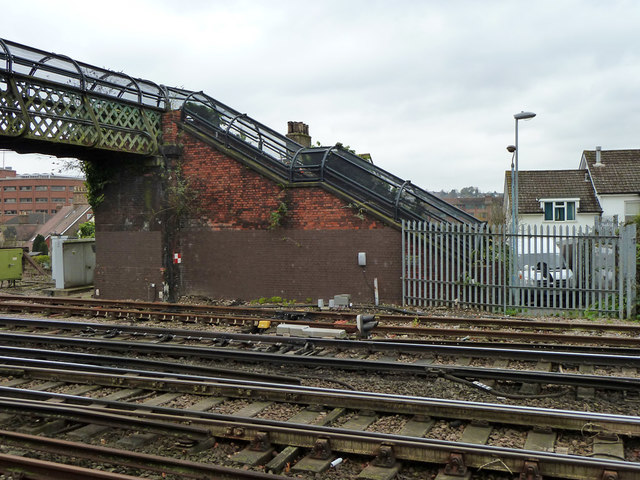 Railway footbridge abutment and stairs, Redhill