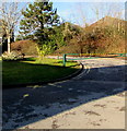 Green barrier across the access road to Old Station Surgery, Abergavenny